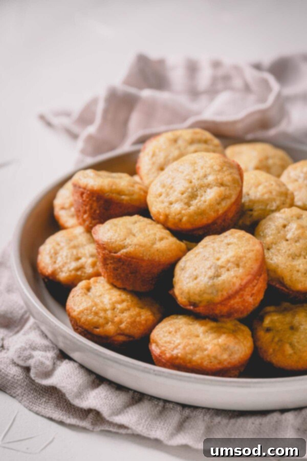 Effortless Banana Treats 3 A plate of mini banana muffins, perfect for a bite-sized treat.