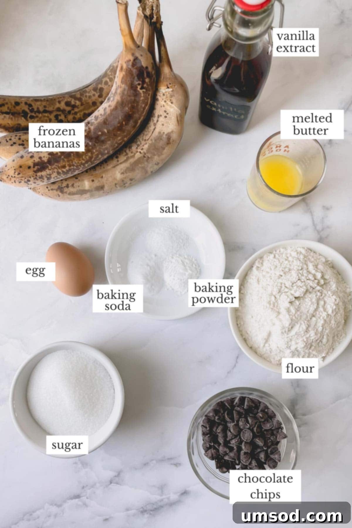 Effortless Banana Treats 4 A collection of key ingredients for banana muffins: bananas, butter, sugar, flour, egg, vanilla, and leavening agents.