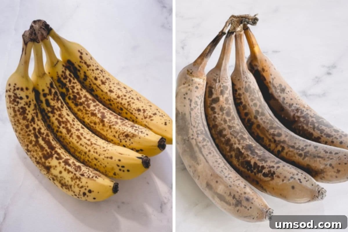 Effortless Banana Treats 5 Side-by-side comparison of a ripe banana and a frozen banana, showing the transformation.