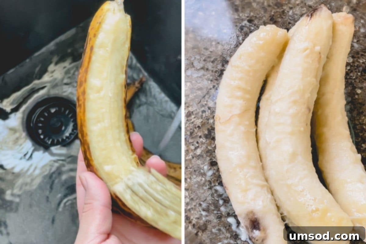 Effortless Banana Treats 6 Side-by-side images demonstrating the process of peeling frozen bananas.