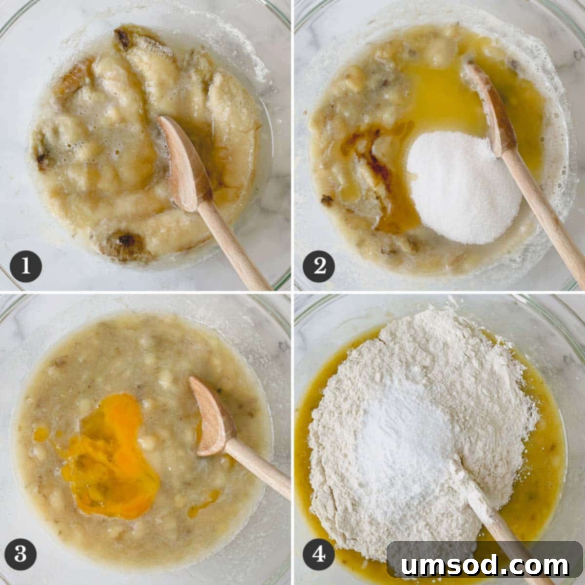 Effortless Banana Treats 7 Step-by-step photos illustrating the process of making banana muffin batter.