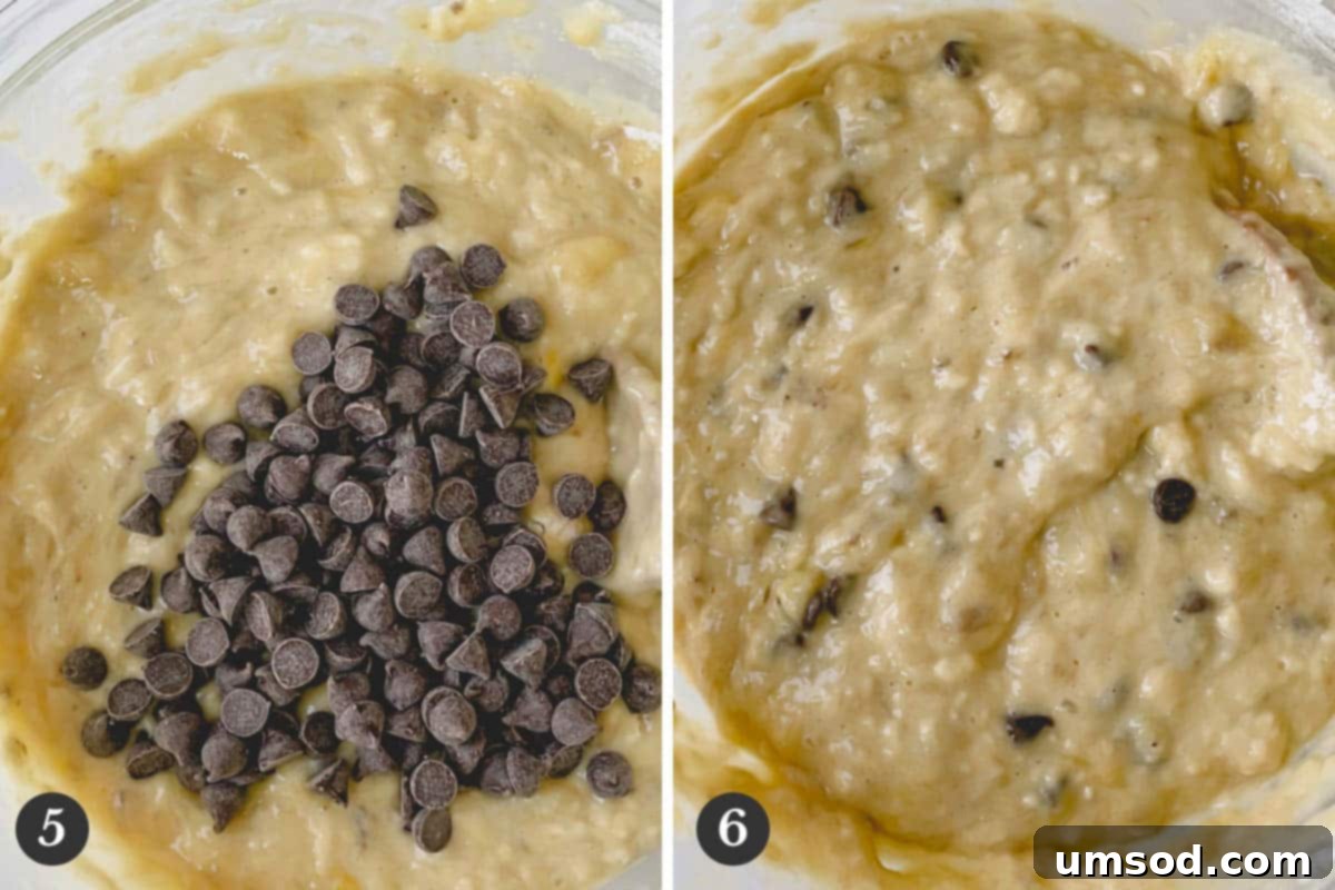 Effortless Banana Treats 8 Banana muffin batter enriched with chocolate chips, ready for baking.