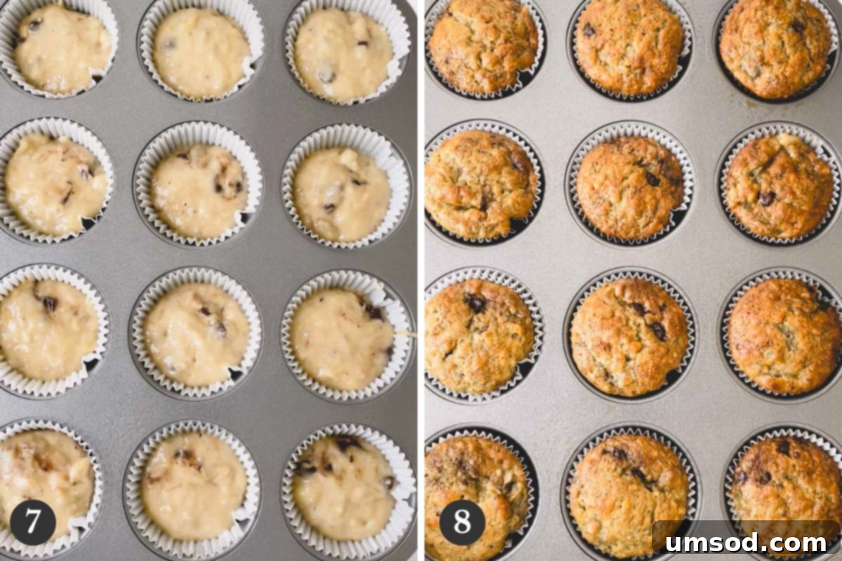 Effortless Banana Treats 9 Side-by-side images of raw and freshly baked banana chocolate chip muffins in a muffin pan.