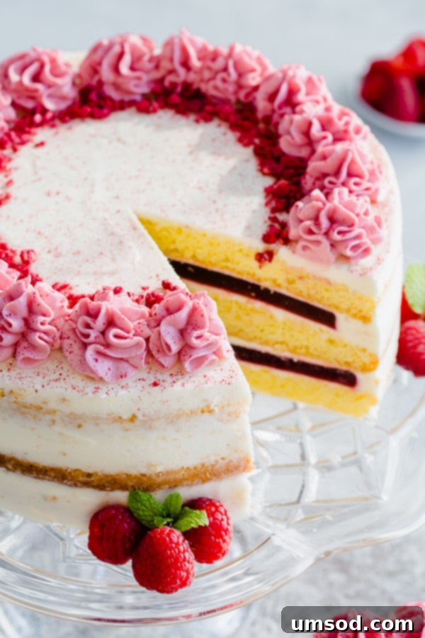 Luscious Raspberry Cream Cake 3 Delicate sponge cake layers filled with creamy sweet cream cheese frosting and raspberry jello made with real fruits. Gorgeous, tall and impressive cake for any occasion.
