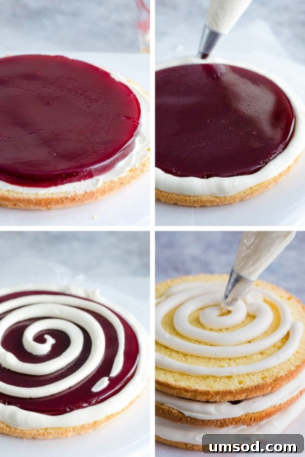 Luscious Raspberry Cream Cake 8 Delicate sponge cake layers filled with creamy sweet cream cheese frosting and raspberry jello made with real fruits. Gorgeous, tall and impressive cake for any occasion.