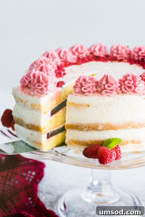 Luscious Raspberry Cream Cake 9 Delicate sponge cake layers filled with creamy sweet cream cheese frosting and raspberry jello made with real fruits. Gorgeous, tall and impressive cake for any occasion.