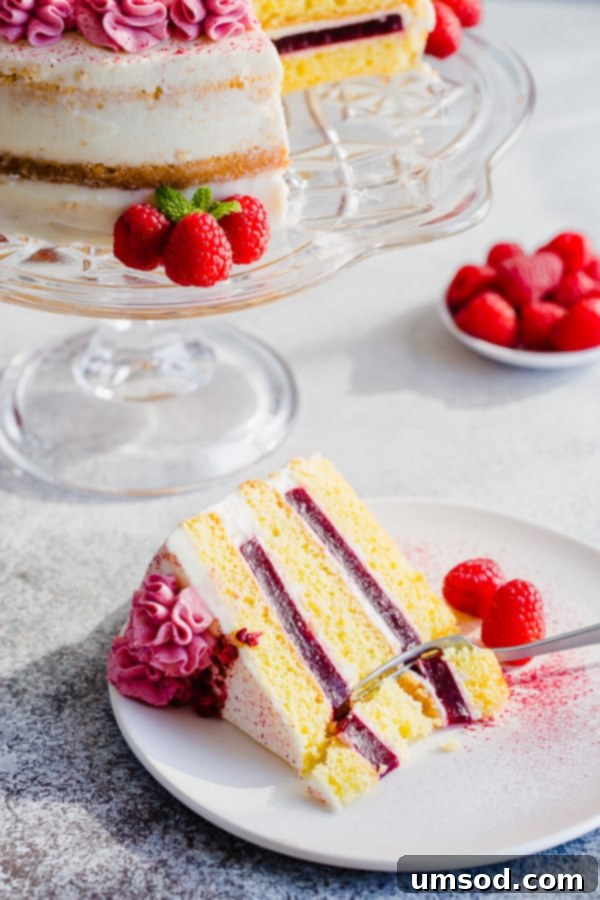 Luscious Raspberry Cream Cake 10 Delicate sponge cake layers filled with creamy sweet cream cheese frosting and raspberry jello made with real fruits. Gorgeous, tall and impressive cake for any occasion.
