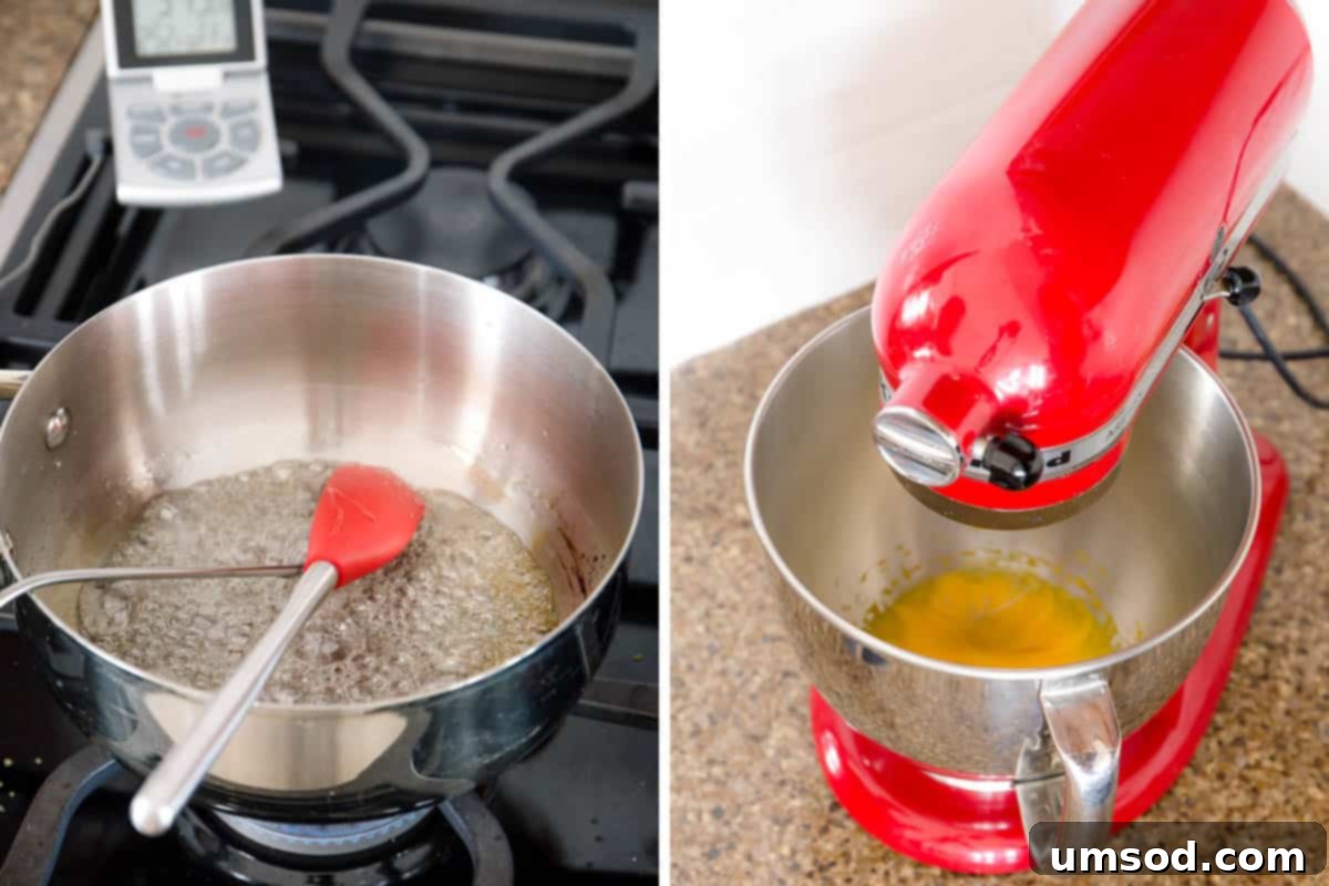 Velvety Pistachio French Buttercream Filling 3 Two images side-by-side: left shows sugar syrup simmering in a small saucepan with a candy thermometer; right shows pale, whipped egg yolks in a stand mixer bowl.