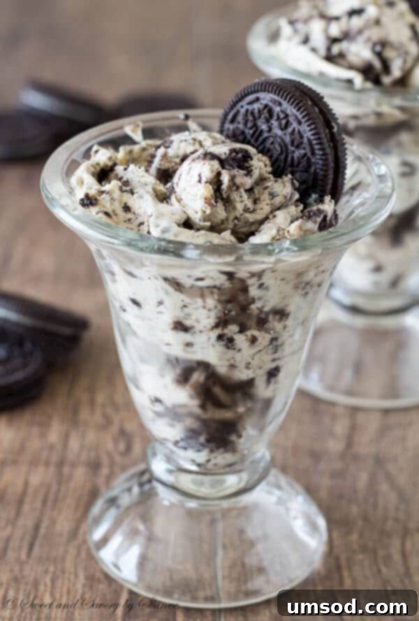 A scoop of rich, creamy homemade Oreo Ice Cream adorned with crushed Oreo cookies, ready to be served and enjoyed.