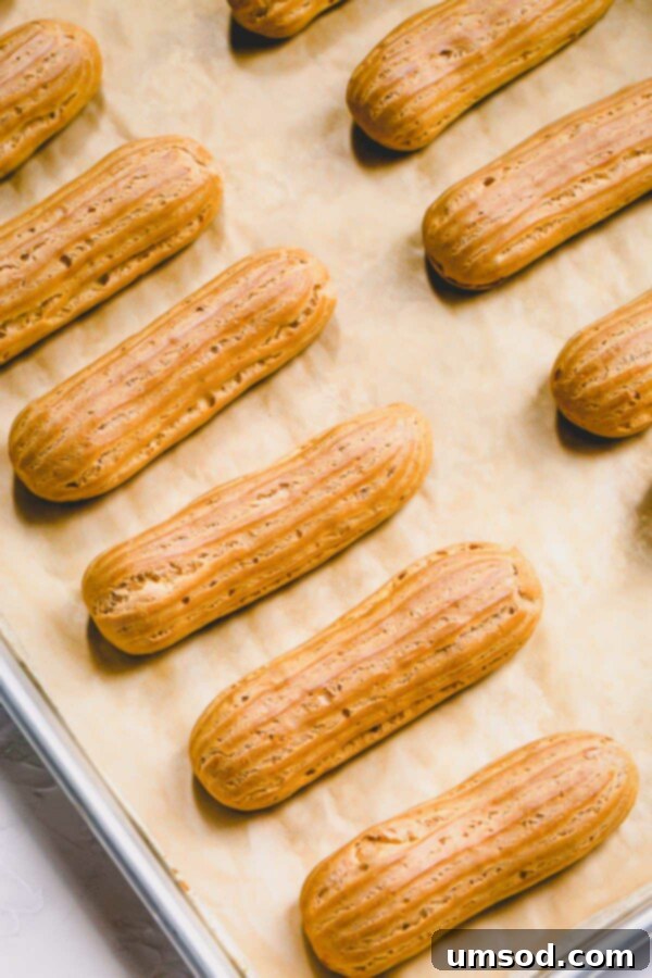 Side view of perfectly puffed choux pastry shell, golden and crisp.
