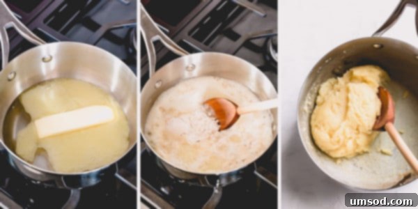 The panade cooking in a saucepan, forming a ball and developing a crust.