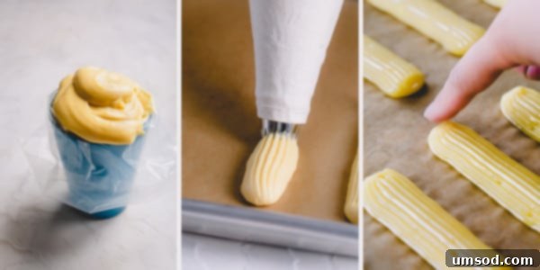 A pastry bag filled with choux dough, demonstrating how to hold it in a tall glass for easy filling.