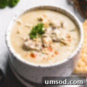 Hearty Oyster Potato Stew 7 Another beautiful shot of a bowl of creamy oyster stew, showcasing its inviting texture and delicious garnishes.