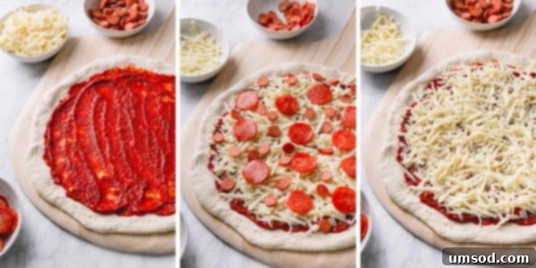 Effortless Homemade Pizza Dough 12 Step-by-step photos demonstrating the process of topping a stretched pizza dough with sauce, cheese, and other ingredients.