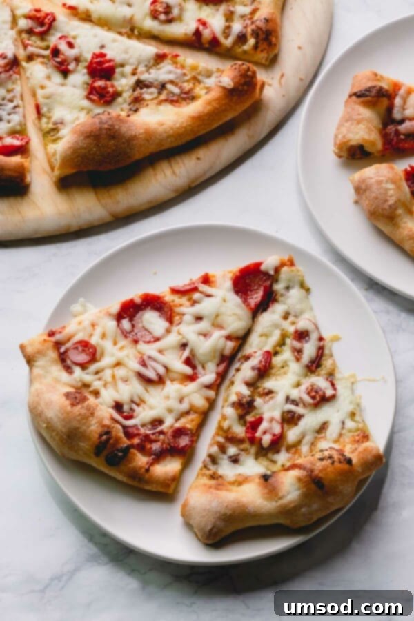 Effortless Homemade Pizza Dough 15 Two perfectly cut slices of homemade pizza, one with pepperoni and the other plain, resting on a white plate, ready to be enjoyed.