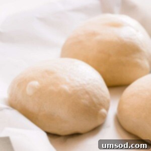 Effortless Homemade Pizza Dough 16 Two pizza dough balls resting on parchment paper.