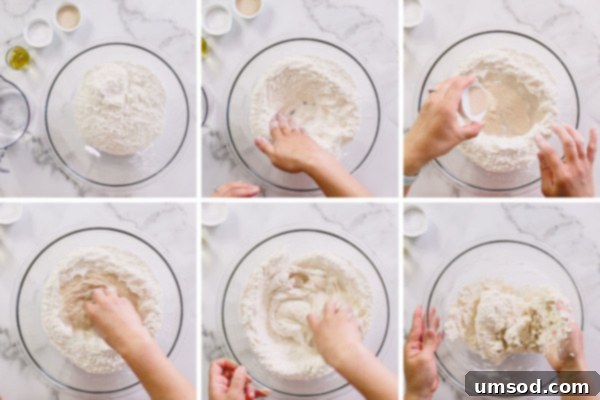 Effortless Homemade Pizza Dough 5 Step-by-step photo showing the initial mixing of flour, water, and yeast to create a shaggy pizza dough.