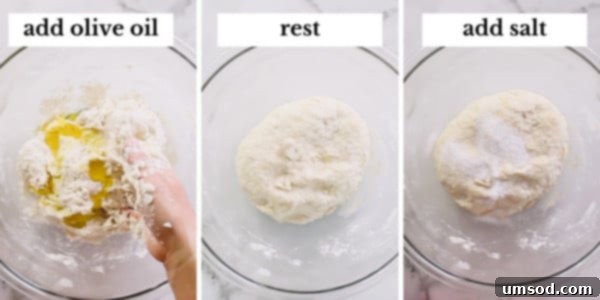 Effortless Homemade Pizza Dough 6 Step-by-step photos illustrating the addition of olive oil and salt to pizza dough, followed by kneading.