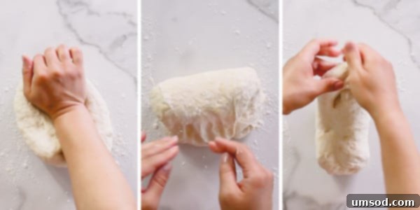 Effortless Homemade Pizza Dough 7 Step-by-step photos demonstrating the proper technique for kneading pizza dough on a countertop.