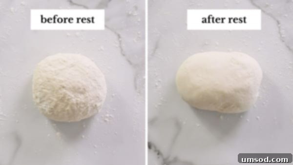 Effortless Homemade Pizza Dough 8 Comparison image of pizza dough before and after its first rest, showing a smoother texture.