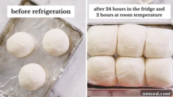 Effortless Homemade Pizza Dough 9 Side-by-side image illustrating pizza dough balls before and after the slow-rise cold fermentation process, showing slight increase in volume and smoother appearance.
