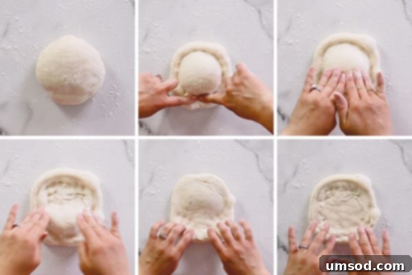 Effortless Homemade Pizza Dough 10 Step-by-step photos illustrating the technique for shaping and stretching pizza dough by hand.