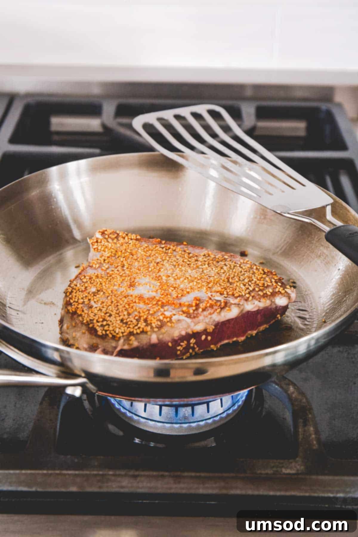Sesame-Crusted Ahi Tuna 6 Seared ahi tuna with golden sesame crust on a skillet.