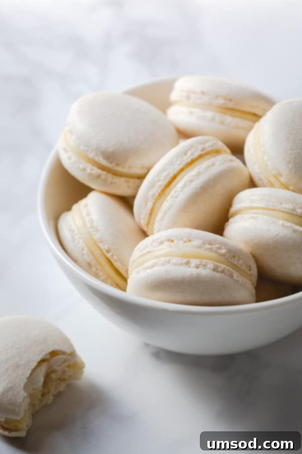 A pristine white bowl filled with elegant white macarons, each showcasing a smooth shell and a generous white chocolate ganache filling, ready to be enjoyed.