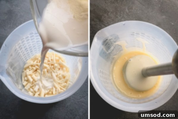 Two images: one showing hot cream poured over chopped white chocolate, and the other depicting the smooth, emulsified white chocolate ganache after blending.