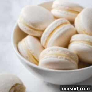 A white bowl of beautifully assembled white macarons with white chocolate ganache, ready for serving.