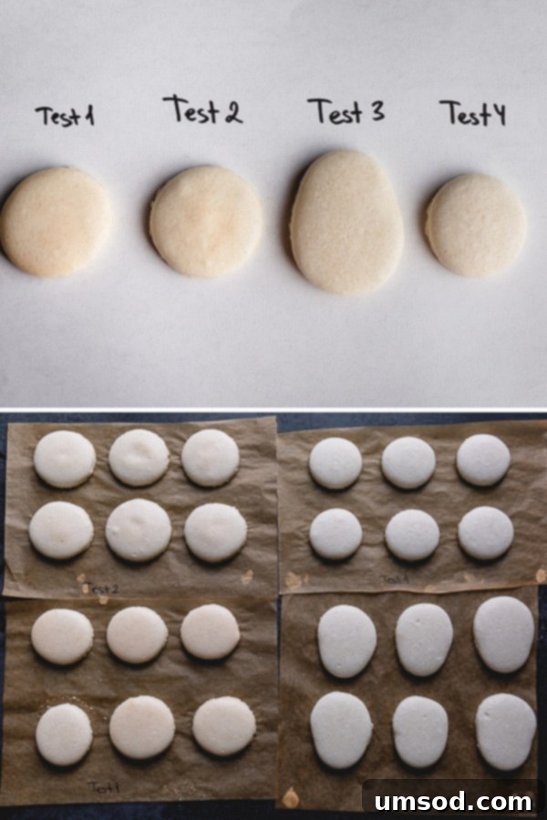 A photographic collage displaying the baked macaron shells from four different test batches, illustrating varying degrees of browning and texture.