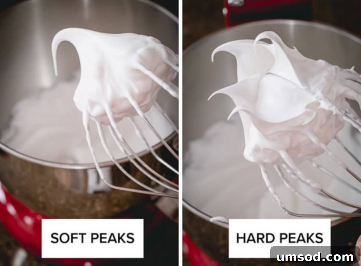 Side-by-side comparison illustrating meringue at the soft peak stage and the stiff peak stage, essential for macaron success.