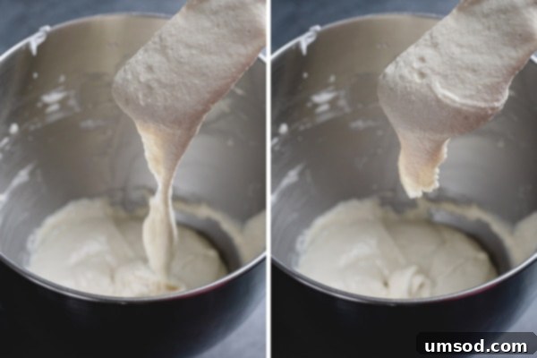 Side-by-side images demonstrating the careful mixing of macaron batter to achieve the desired consistency, a crucial step in macaronage.