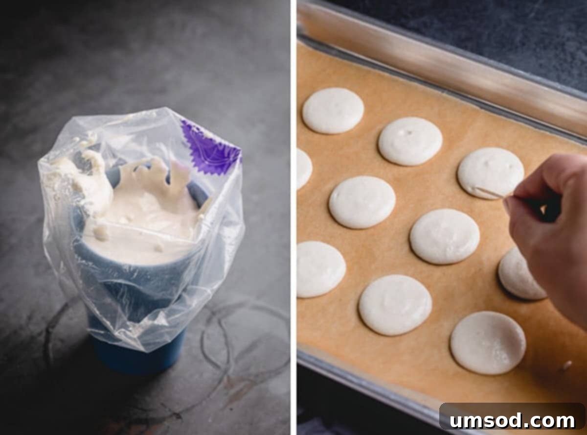Side-by-side images showing macaron batter being loaded into a piping bag and then precisely piped macaron shells on a baking sheet.