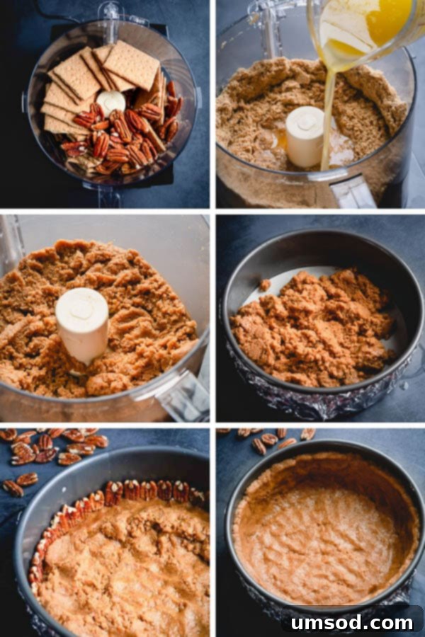 Detailed process of making a tall pecan graham cracker cheesecake crust, showing crumbs, melted butter, and shaping in a springform pan.