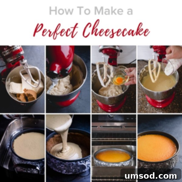 Expert baking tips for a flawless New York cheesecake: showing the perfect smooth texture without cracks, highlighting key techniques like water bath and slow cooling.