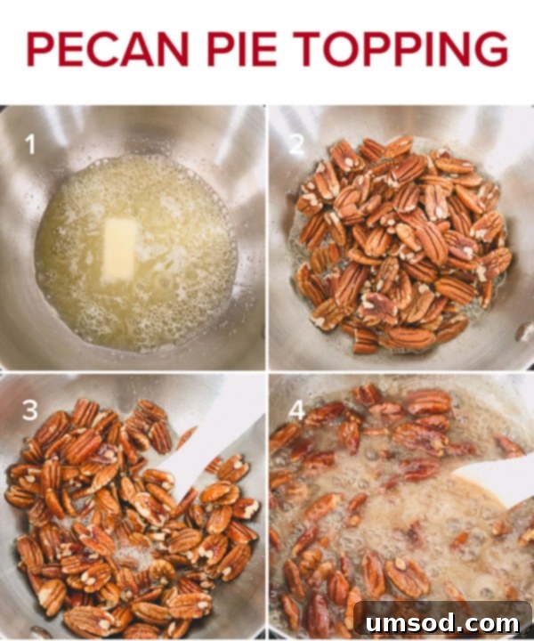 Close-up of the rich and gooey pecan pie topping, perfectly caramelized and ready to be spread over a chilled cheesecake.