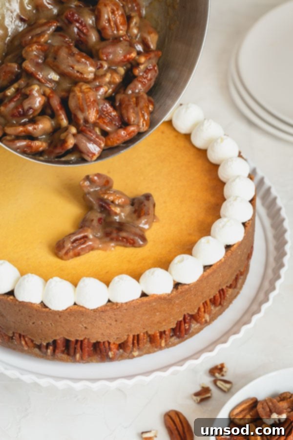 Magnificent Pecan Pie Cheesecake, showcasing its impressive height, thick crust, creamy filling, and a generous layer of glistening pecan topping.