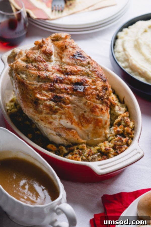 A beautifully arranged Thanksgiving spread featuring a roasted turkey breast over stuffing, a bowl of creamy mashed potatoes, and a classic gravy boat ready to serve. 