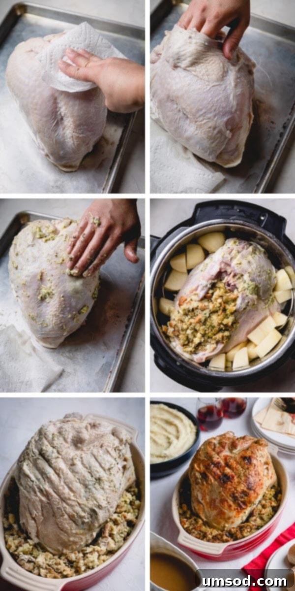 A collage of six images demonstrating the step-by-step process of preparing Instant Pot turkey breast with mashed potatoes and stuffing, from preparation to serving. 