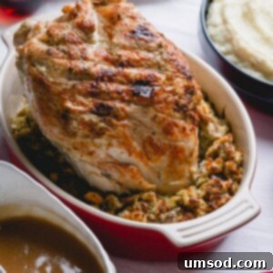 A dish of savory stuffing with a perfectly roasted turkey breast placed invitingly on top, ready for serving.