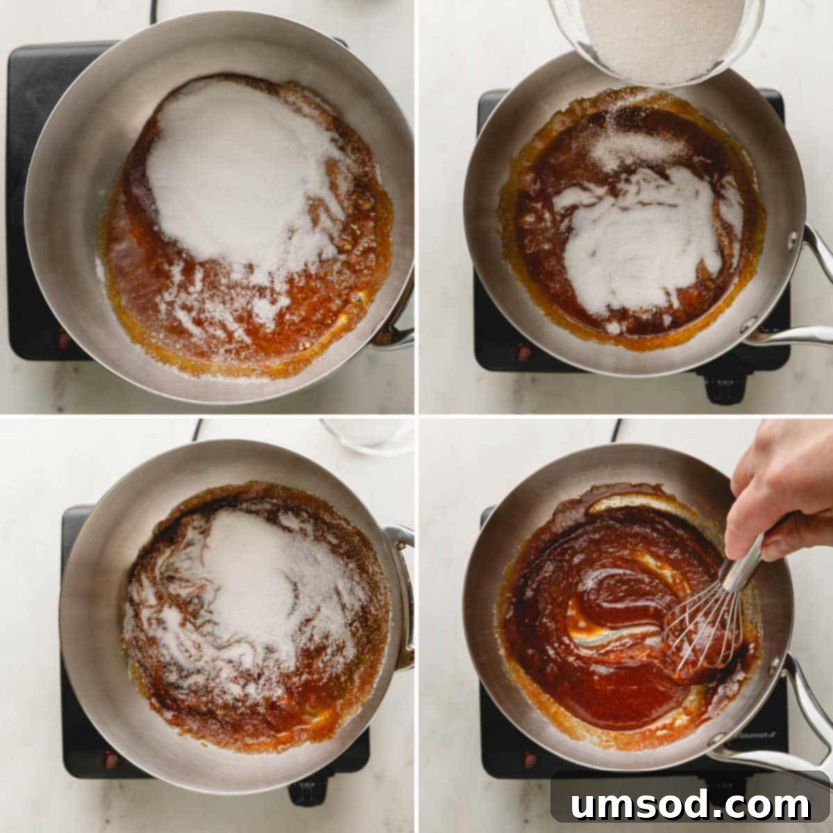 Homemade Caramel Sauce Dry Method Guide 6 A collage of four step-by-step photos illustrating the technique of swirling the pan to mix dry sugar with already melted caramel.