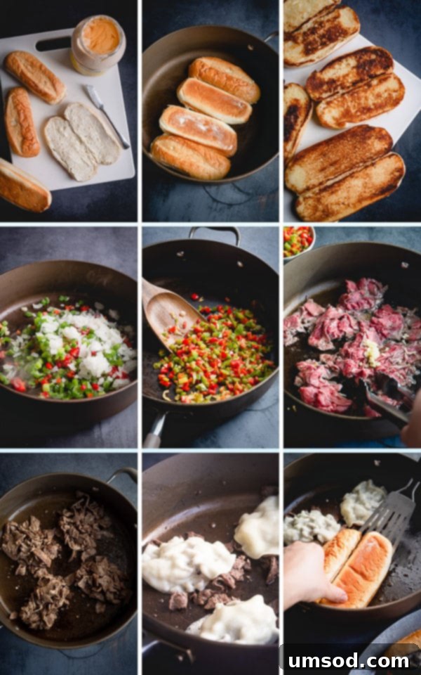 Step by step guide to truly satisfying Philly cheesesteak sandwiches.