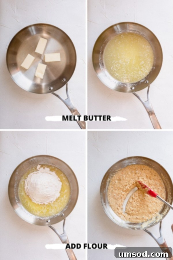 Making roux is a simple process: melt fat, add flour, and cook to your desired color, whisking constantly.