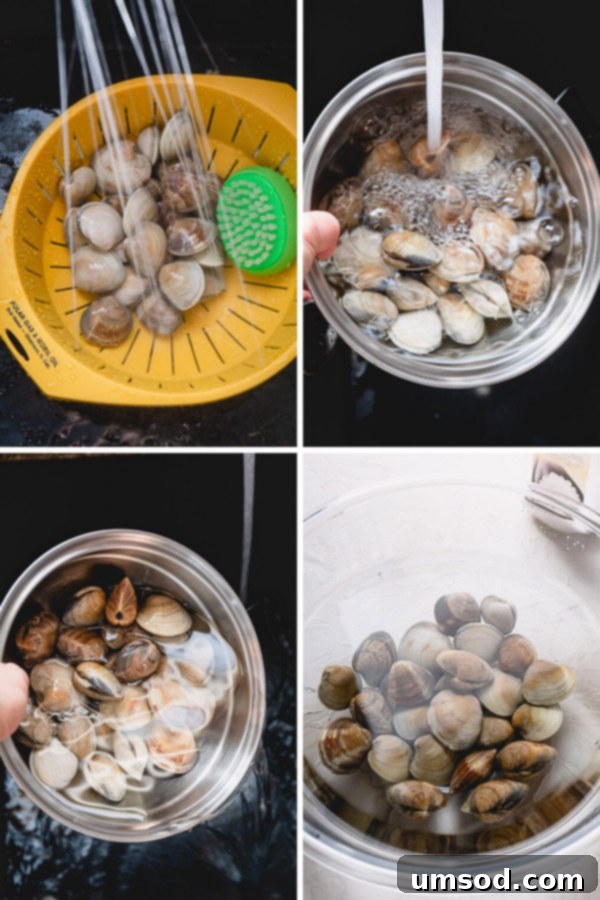 Prepping Little Neck Clams 3 Step-by-step guide on how to clean little neck clams by scrubbing and soaking in saltwater to degrit them. Perfect for preparing clams for any seafood recipe. #littleneckclams #shortneckclams #tutorial #clams #seafood