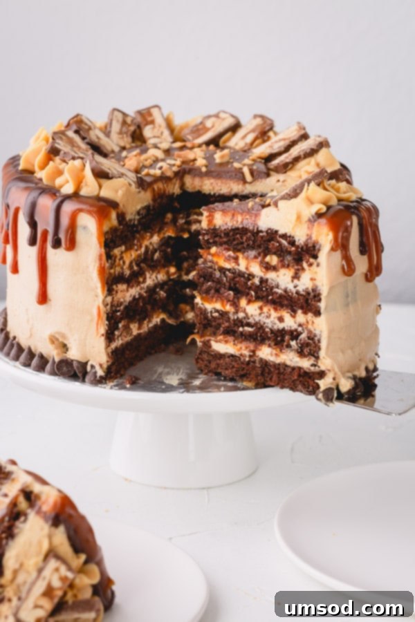 Chocolate Peanut Caramel Dream Cake 2 A slice of Snickers cake being lifted with a spatula, revealing its decadent layers of chocolate cake, peanut butter and caramel frostings, and peanuts.