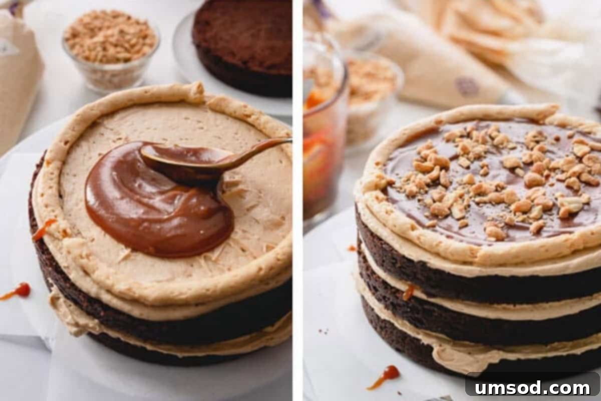 Chocolate Peanut Caramel Dream Cake 11 Side-by-side images of a cake layer with frosting and a dollop of caramel, and the caramel spread and sprinkled with crushed peanuts.