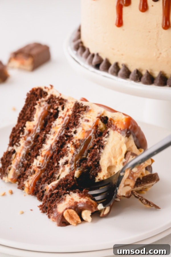 Chocolate Peanut Caramel Dream Cake 16 An irresistible Snickers Cake, showcasing its multiple layers of soft chocolate cake, caramel buttercream, peanut butter buttercream, salted caramel, and crushed peanuts, promising a delightful dessert experience.