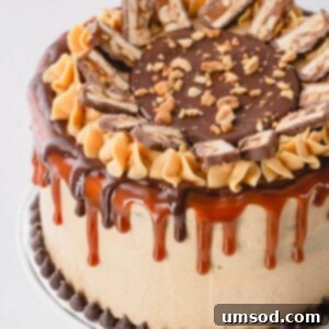 Chocolate Peanut Caramel Dream Cake 17 A whole Snickers cake decorated with caramel sauce, ganache and slices of snickers bar.