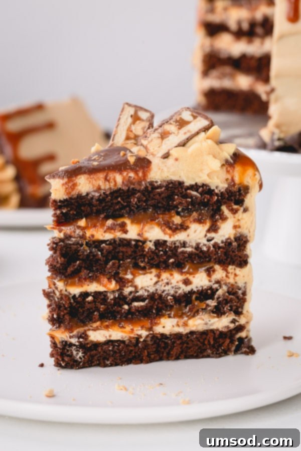 Chocolate Peanut Caramel Dream Cake 4 A perfectly plated slice of Snickers cake standing upright on a white dish, showcasing its intricate layers and fillings.